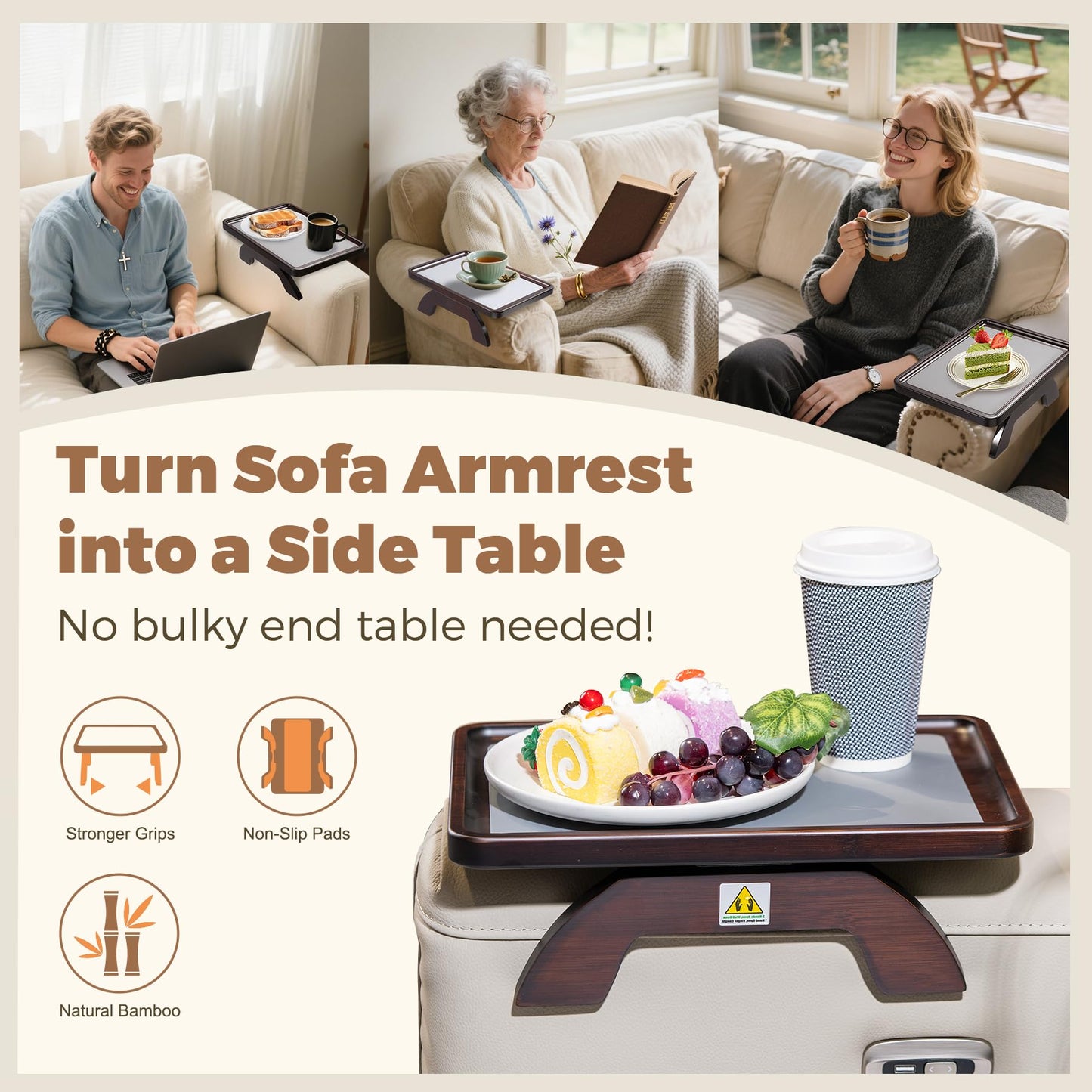 Tomlyop Couch Armrest Table, Foldable Bamboo Sofa Arm Tray for Couch with a Non-Slip Pad, Clip On Couch Arm Table for Remotes/Eatting/Drinks, Fits Sofa Armrest 3.5"-13.5" Brown
