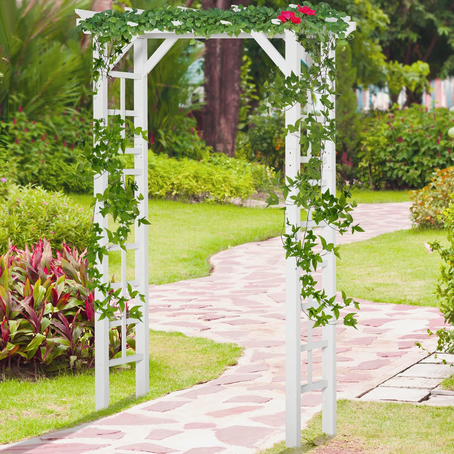 85" Wooden Garden Arbor for Wedding Ceremony, White Outdoor Arch Trellis for Climbing Vines, Heavy Duty Wood Frame for Garden, Patio, Backyard Decor