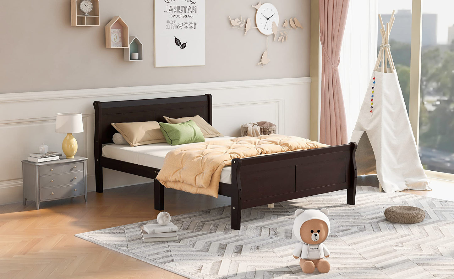 GDFStudio Queen Bed Frame, Wood Platform Queen Size Bed Frame with Headboard and Solid Wood Slat Support, Mid Century Modern Wooden Bed Frame for Bedroom Guest Room, No Box Spring Needed, Espresso