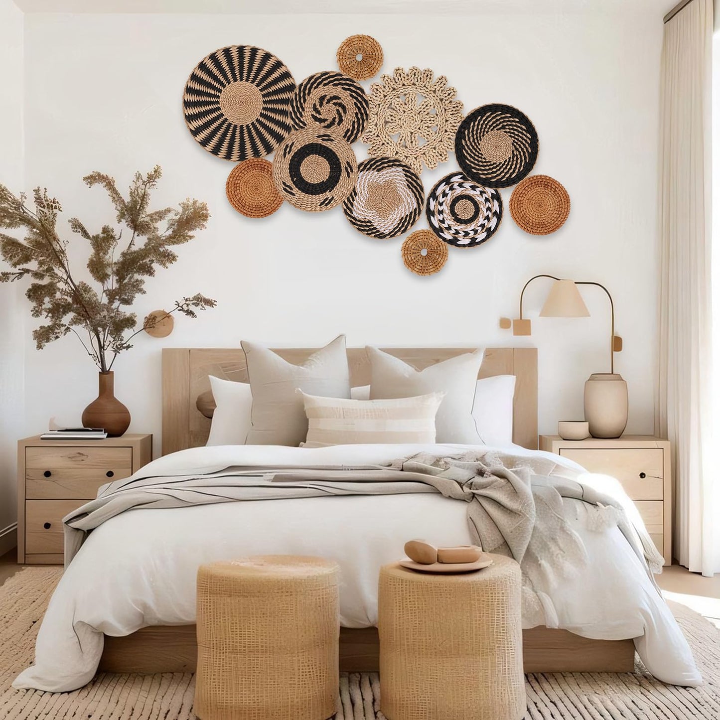 Boho Wall Basket Decor Set of 11 - Hanging Woven Bulrush Basket Wall Decor, Handcrafted Round Flat Baskets Wall Art, for Rustic Farmhouse、Home - Unique Rattan Wicker Wall Decor(Black Retro)