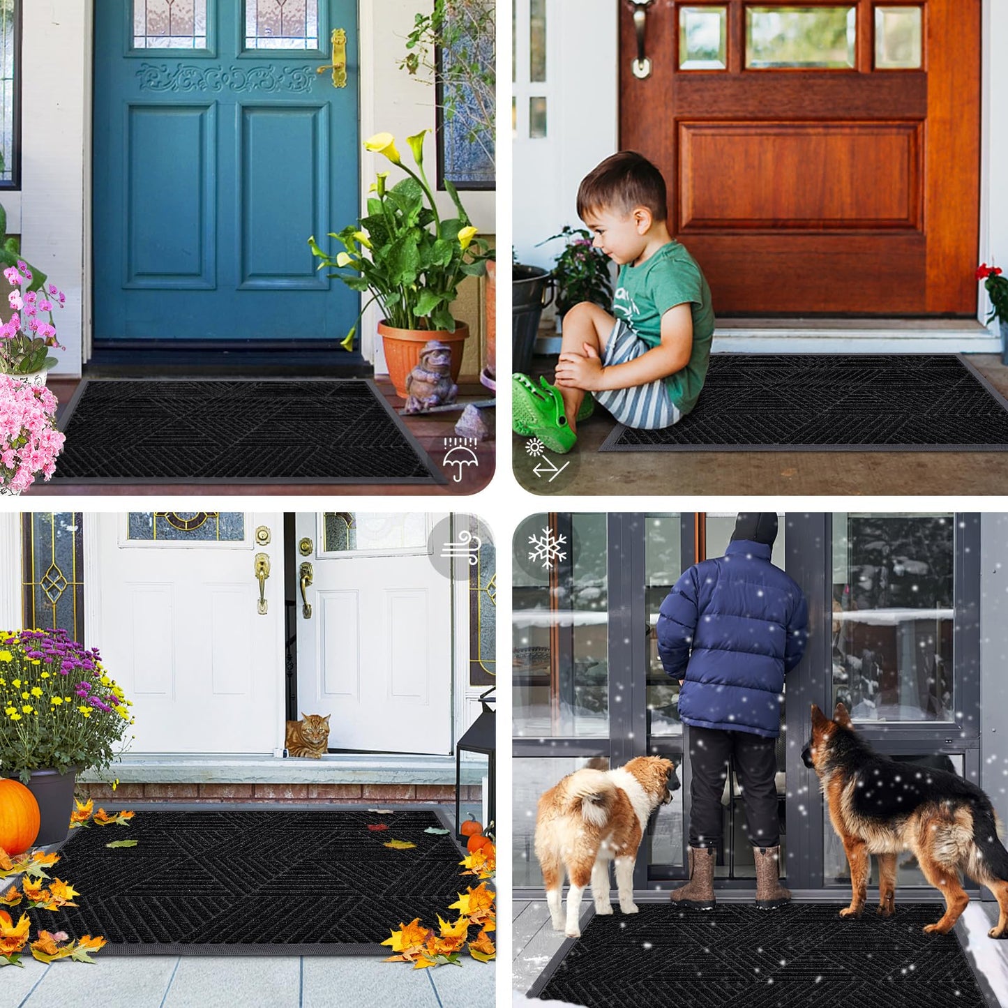 Smiry Front Door Mat Outside Entrance, Heavy Duty Sturdy Natural Rubber Doormat, Trap Dirt and Moisture, Easy Clean Low Profile Mats for Indoor Outdoor Entry, Irregular Triangle (29.5x17, Black)