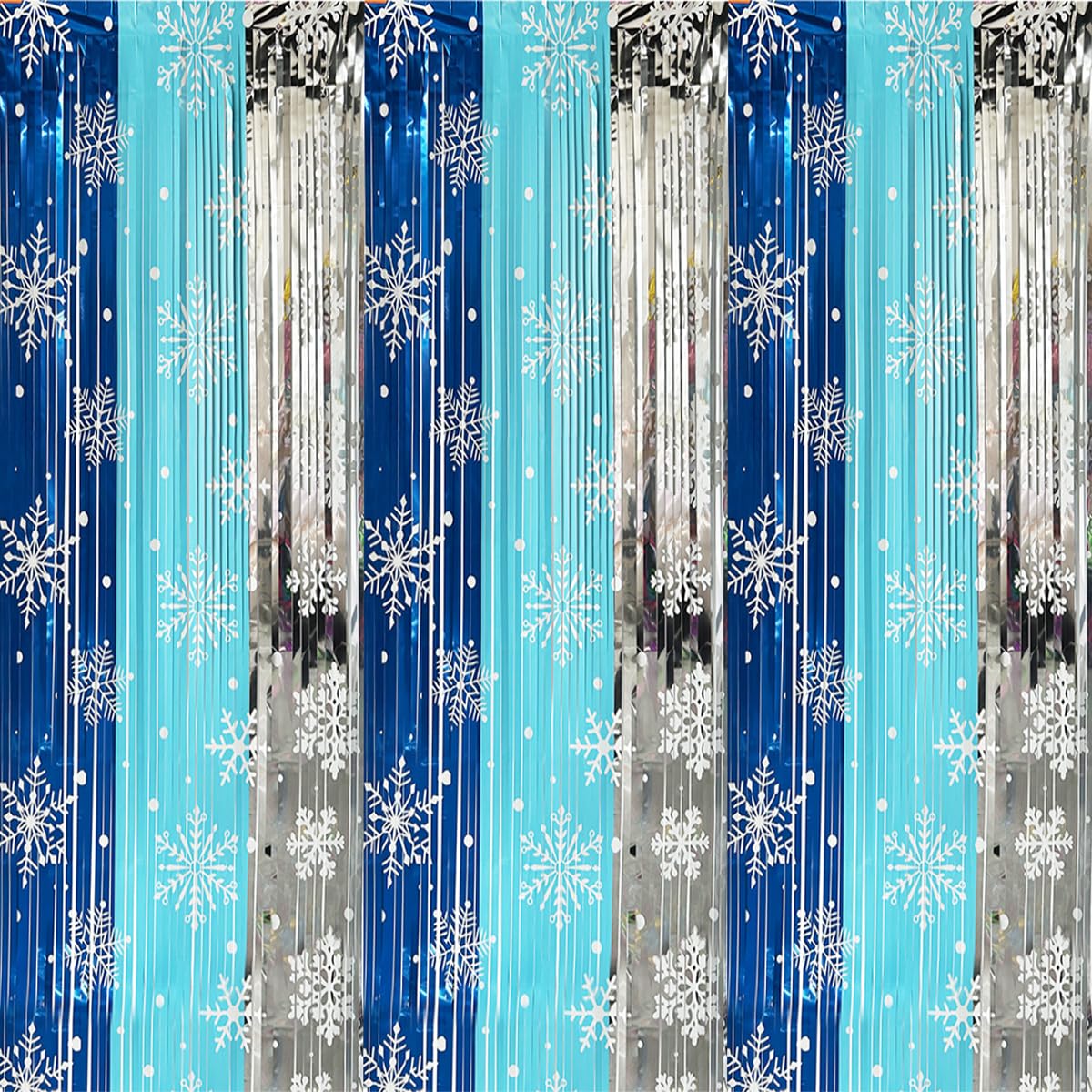 3 Pack Winter Themed Party Foil Fringe Curtain Backdrop 3.28x6.56ft,Snowflake Birthday Party Winter Photo Booth Prop Backdrop for Princess Birthday Party Christmas Winters Wonderland Decorations