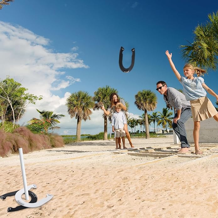 Horseshoes Outside Game for Kids, Metal Horse Shoes Game Kit Includes 4 Horseshoes 2 Stakes, Backyard Beach Outdoor Game for Kids (Not for Adultsï¼?White Black