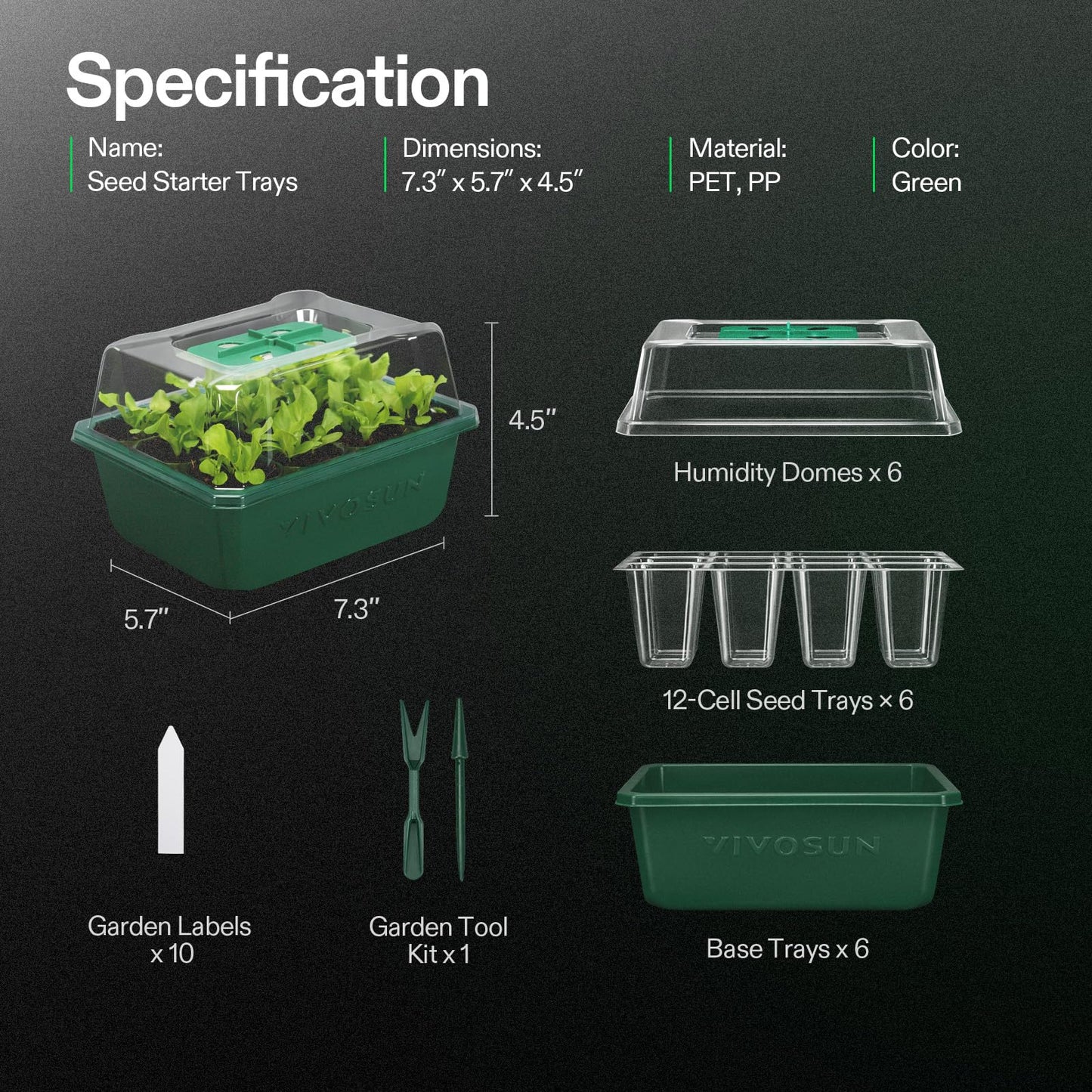 VIVOSUN 6-Pack Seed Starter Trays, 72-Cell Seed Starter Kit with Humidity Dome, Flat Reusable Plant Germination Trays with Drain Hole, Green Propagation Tray for Planting Seeds