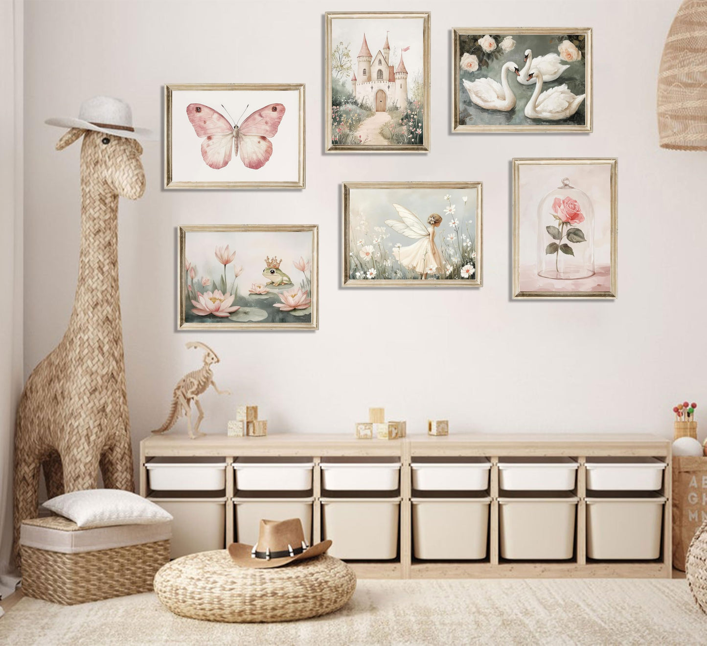 6Pc Coquette Wall Art Pastel Pink Trendy Posters Wall Decor White Swan Butterfly Frog Painting Pictures Castle Elf Aesthetic Floral Canvas Prints for Nursery Teen Girls Bedroom College Dorm Unframed
