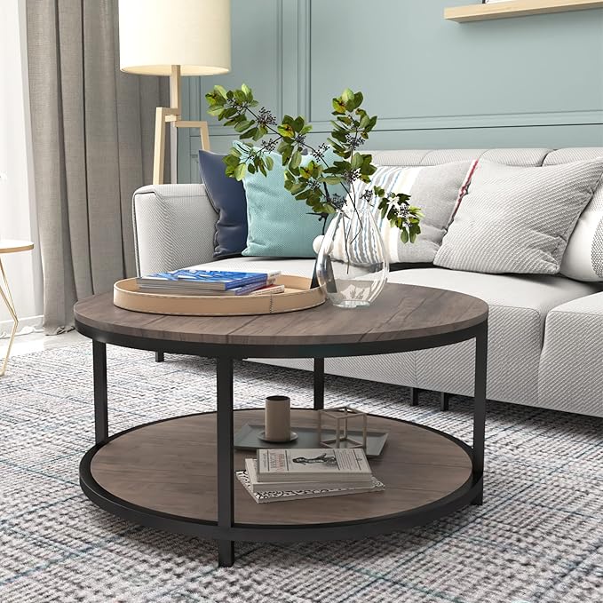 NSdirect Round Coffee Table,36" Coffee Table for Living Room,2-Tier Rustic Wood Desktop with Storage Shelf Modern Design Home Furniture(Light Walnut)