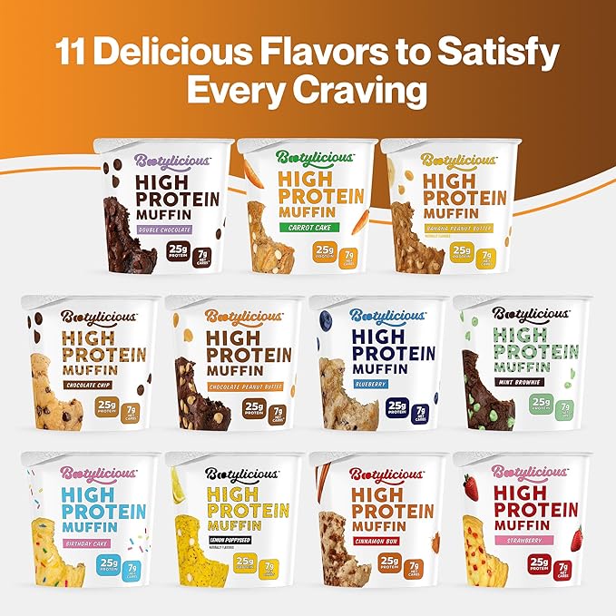 Bootylicious | High-Protein Muffin | 25g Protein, 7g Net Carbs, 2.32-2.75oz Cup, 12-Pack (Chocolate Peanut Butter)