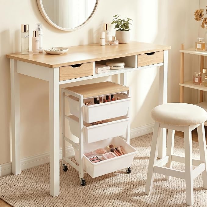 Rolling Cart with 3 Drawers, Plastic Drawer Storage Carts with Lockable Wheels & Wooden Tabletop, Metal Art Craft Utility Cart Organizer for Home Office Bedroom Dorm Bedside Classroom, Bright White