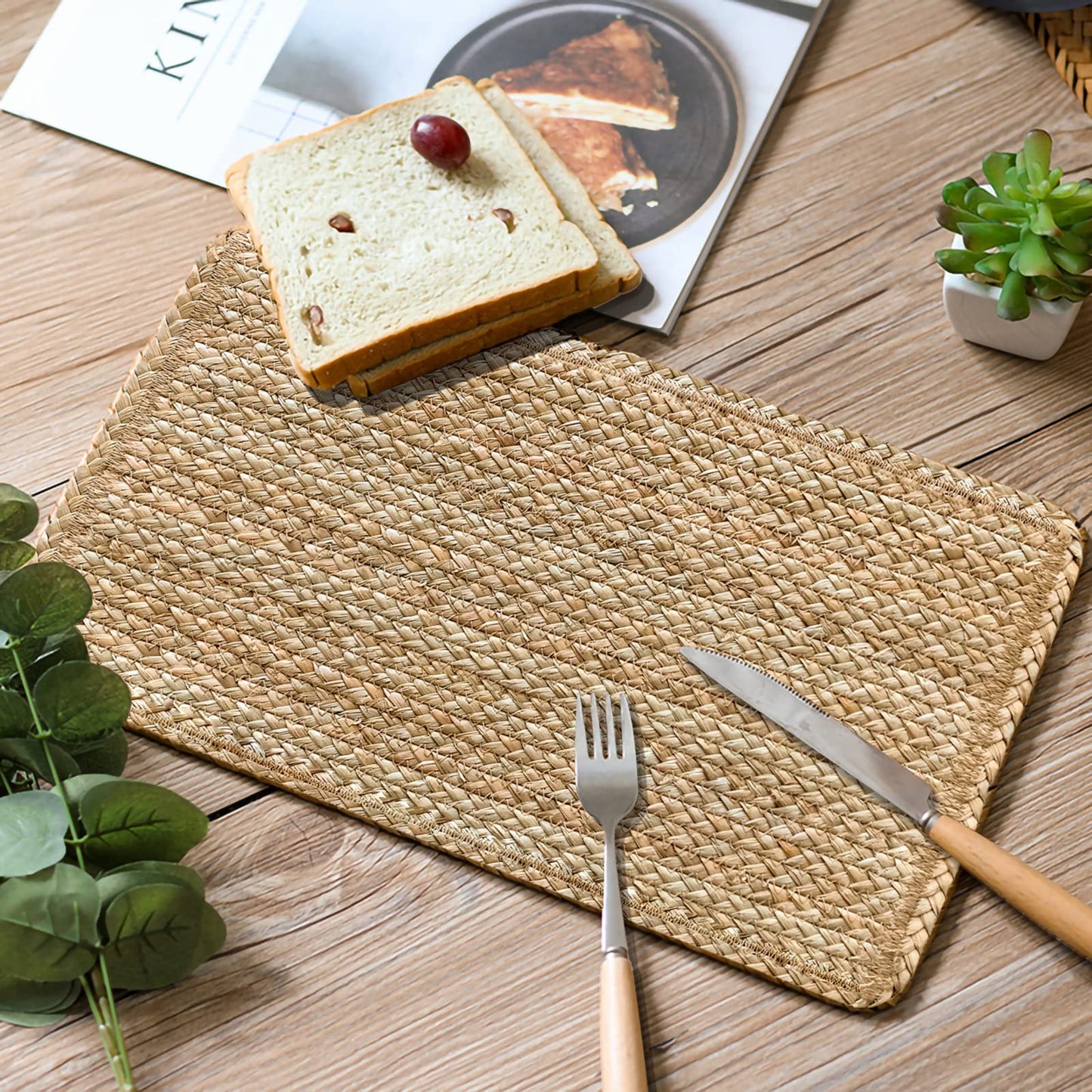 CY SISTERS Woven Placemats Set of 6 Rattan Placemats Rectangle Natural Placemats Wicker Heavy Braided Straw Placemat Farmhouse Square Plates Place mats for Indoor/Outdoor Patio Table 17.7'' X 11.8''