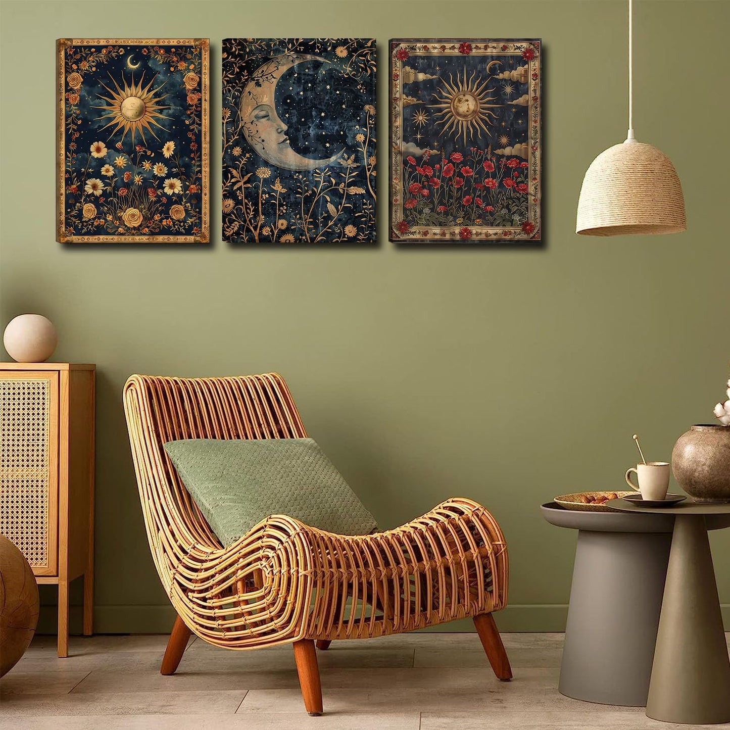3pcs Sun and Moon Celestial Canvas Wall Art Tarot Crescent Moon Picture Wall Decor Gothic Wildflowers Painting Posters Print Artwork Aesthetic Dark Academia Vibe for Bedroom Home Decor(12x16in canvas)