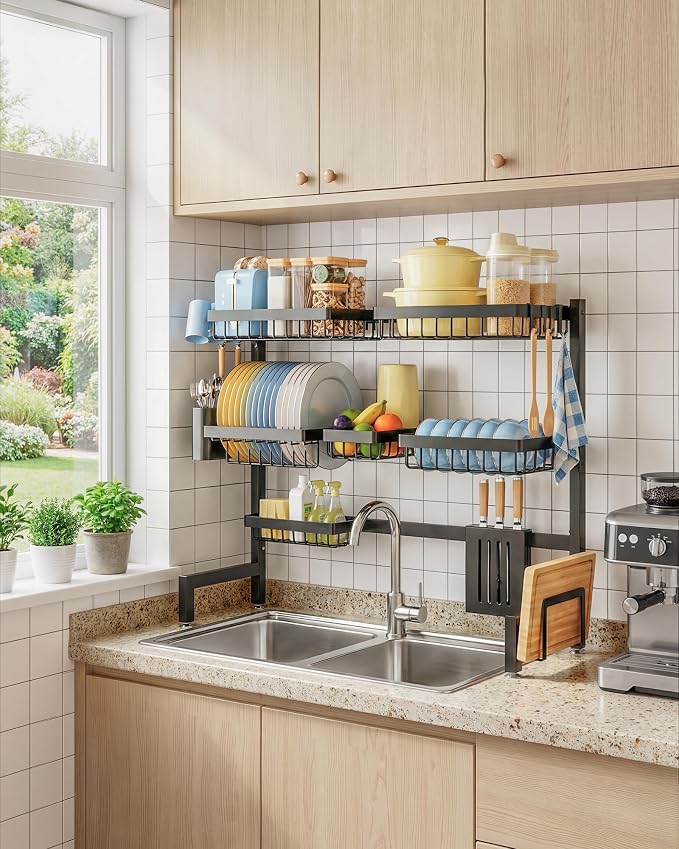Sakugi Dish Drying Rack - Over The Sink Dish Drainer Drying Rack with Utensil & Knife Holder, Hooks, Stainless Steel Kitchen Organizers and Storage Solution, 11.8" D x 31.5"~39.0''W x 30" H, Black