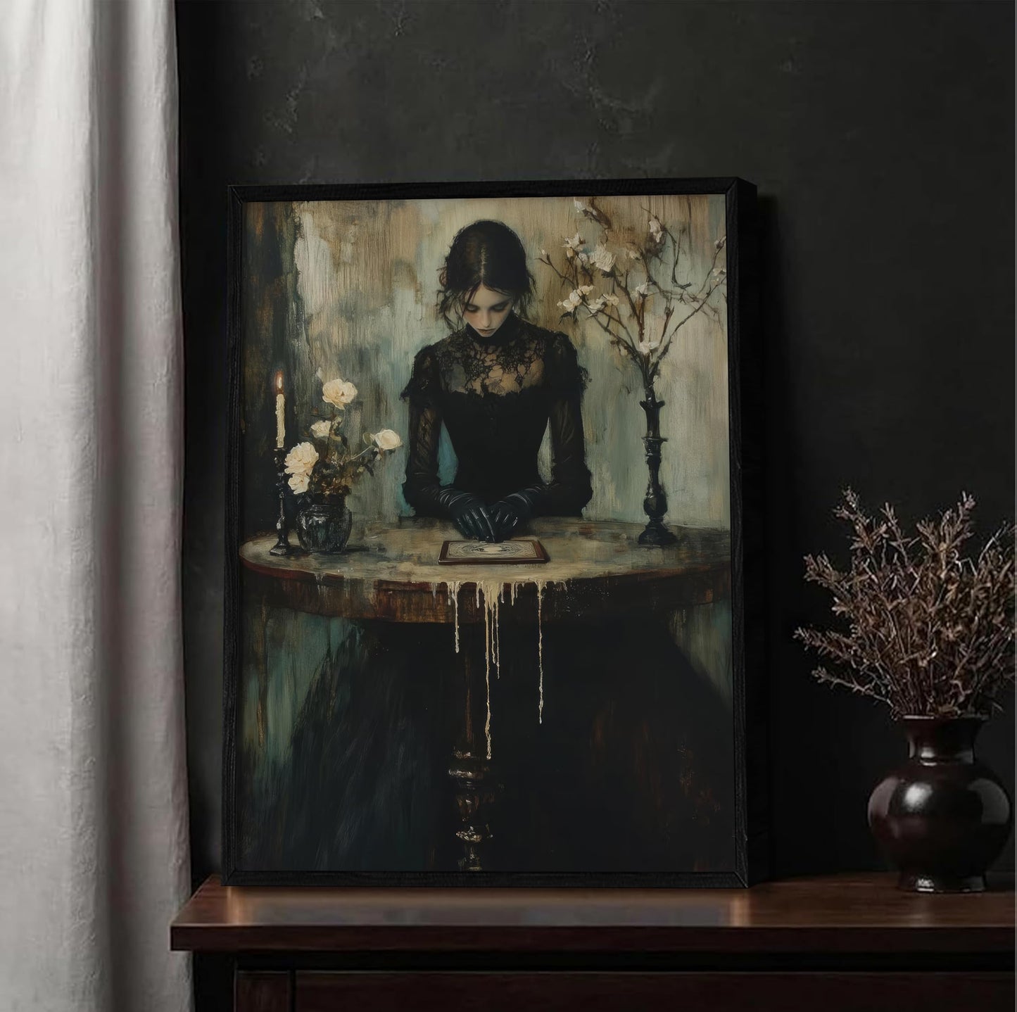 Framed Dark Academia Canvas Wall Art Gothic Victorian Woman Painting Picture Wall Decor Moody Occult Botanical Aesthetic Poster Print Artwork for Gallery Living Room Bedroom Home Decoration