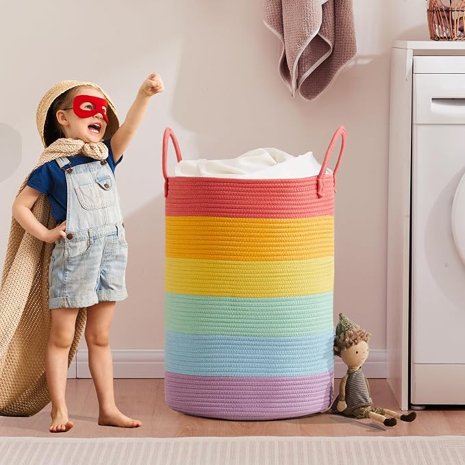 80L Extra Large Rainbow Laundry Hamper Basket for Girls Kids Tall Unicorn Baby Nursery Hamper for Clothes Woven Rope Blanket Toy Basket in Living Room Playroom Bedroom 16"D x 22"H