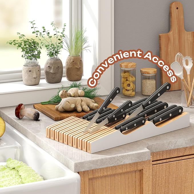 In-Drawer Knife Block Organizer - Bamboo Wood Drawer Knife Organizer-Protecting Knife Organizer Block (Not Included) (White, 19 Knives Dock)