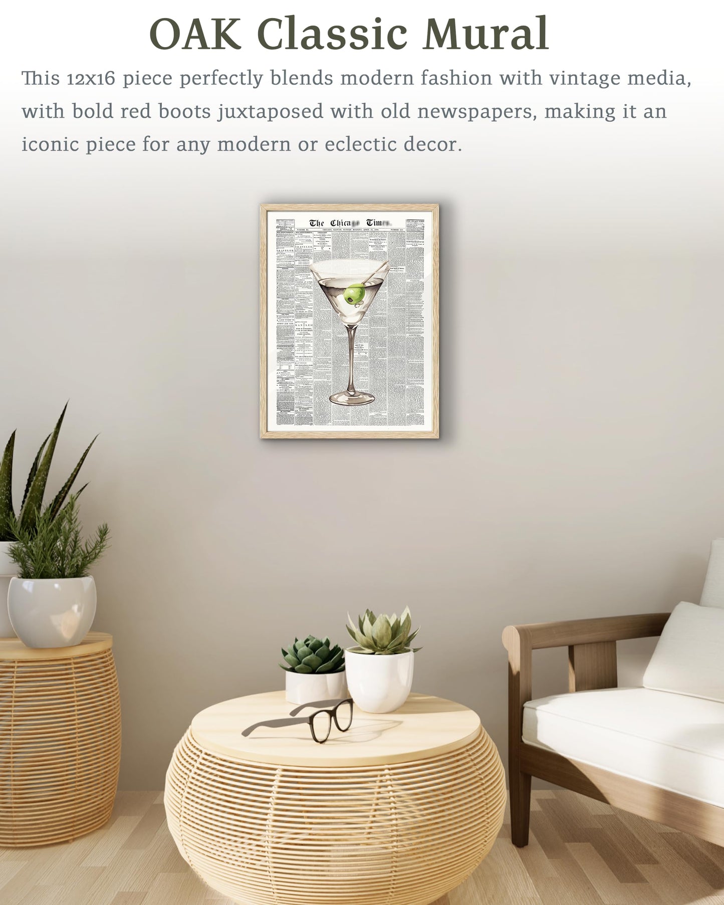 EcoHest Trendy Newspaper Martini Framed Wall Art, 12x16 in OAK Wood Retro Bar Cart Canvas Art, Magazine Aesthetic Apartment Art, Beige Logs Funky 70's Set of 1 for Bedroom Living Room