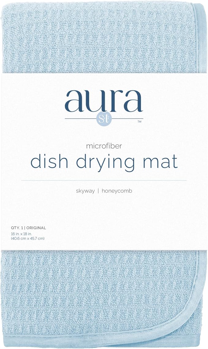 S&T INC. Dish Drying Mat, 16” x 18”, Absorbent Microfiber Kitchen Counter Mat, Dish Drying Pad for Dishes, Utensils, Pots and Pans, Large, Sky Blue
