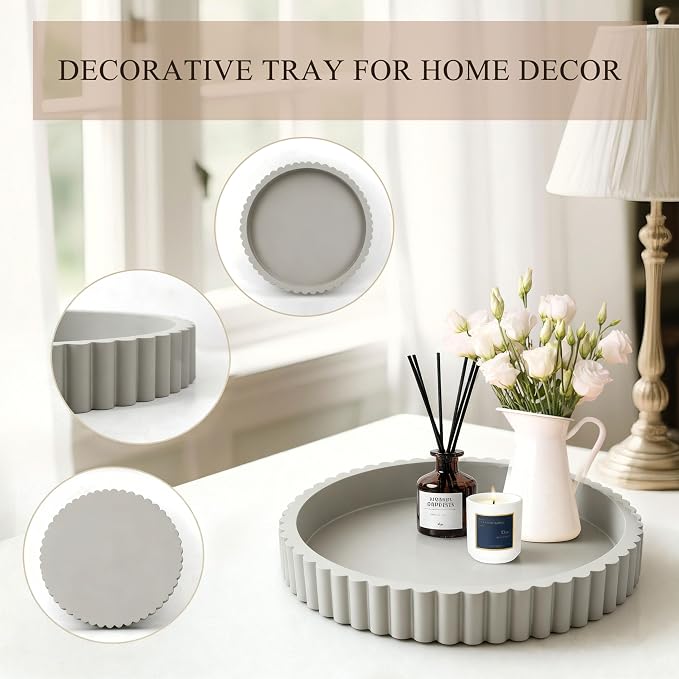 Decorative Tray for Coffee Table Decor, 11" Round Wooden Coffee Table Tray, Modern Decorative Trays for Home Decor, Living Room, Entry, Dining Room (Grey)
