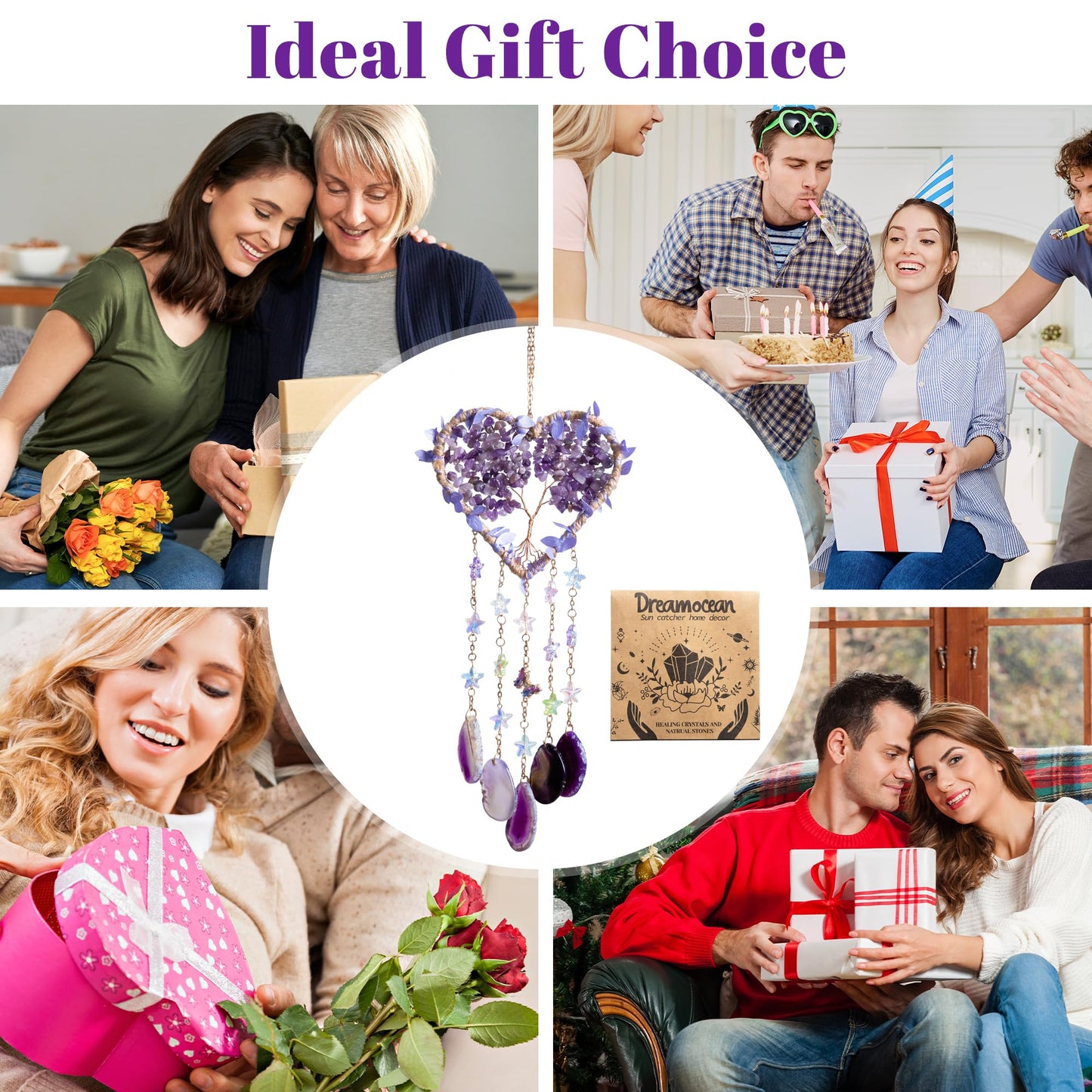 Heart Crystal Suncatcher, Dreamocean Amethyst Sun Catcher for Windows Haning Decor Crystal Tree of Life Dream Catchers Wall Hangings Outdoor Garden Decor for Adults Girls
