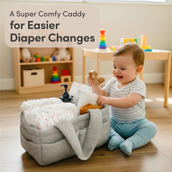 PUTSKA Baby Diaper Caddy Organizer for Changing Table – Stylish Nursery Storage Basket, Newborn Essentials, Baby Shower Gifts and Registry Must-Haves for Boy or Girl, Car Diaper Caddy, Fleece Grey