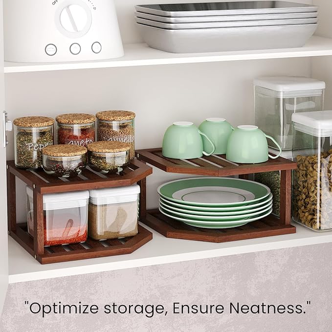 VERTORGAN Bamboo Corner Shelf(2 Pack),2 Tier Plate Organizer for Cabinet and Countertop,Pantry Dish and Spice Rack for Kitchen(Brown)