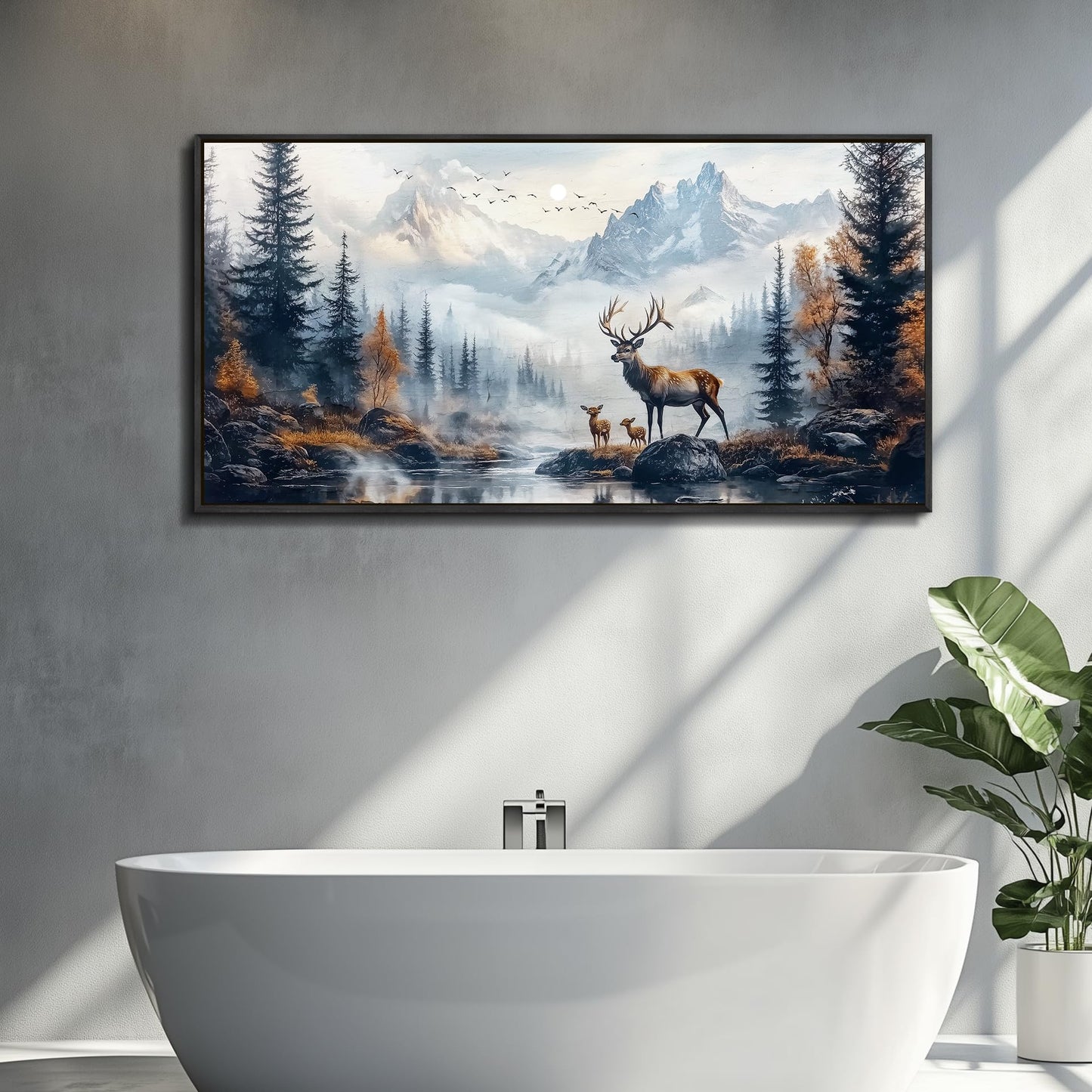 KELIYUAN Canvas Wall Art For Living Room Black Framed Wall Decor For Bedroom Office Prints Pictures Elk Foggy Mountain Landscape Painting Scenery Stretched and Framed Wall Art Home decor 20"X40"