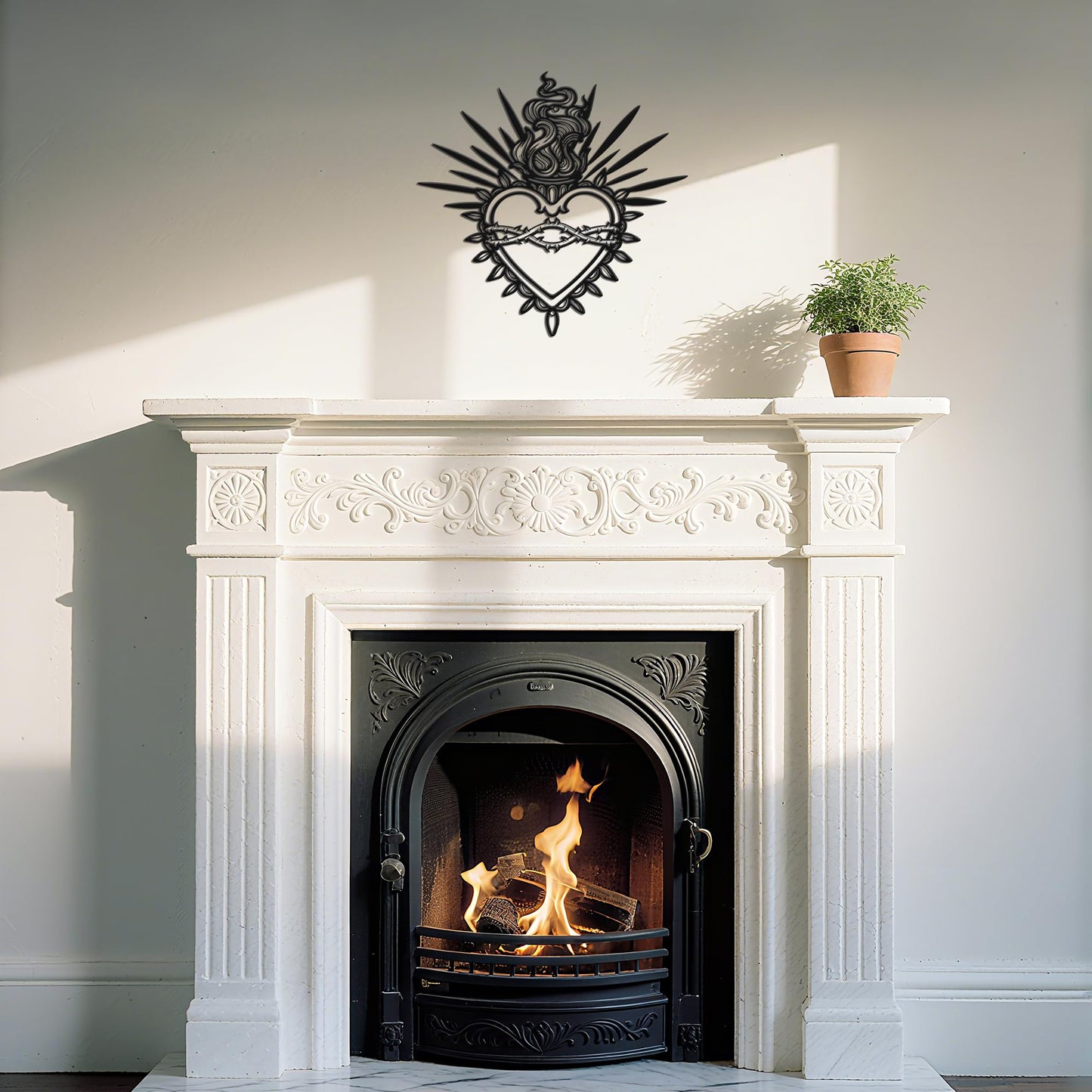 JEWLOVE 13" × 12.6" Matte Black Sacred Heart Metal Wall Art – Catholic Art, Milagro Heart & Sacred Heart Wall Decor for Living Room & Prayer Room