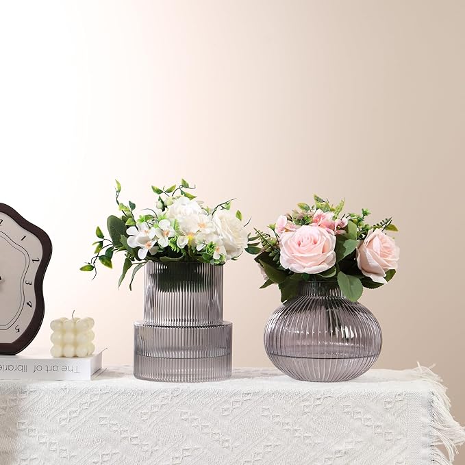 Ribbed Glass Vases, Set of 2 Fluted Vases for Flowers, Black Glass Vase for Tulips, Modern Vase for Living Room, Kitchen, Office, Entryway, Mantle, Bookshelf, Wedding Gifts, Birthday