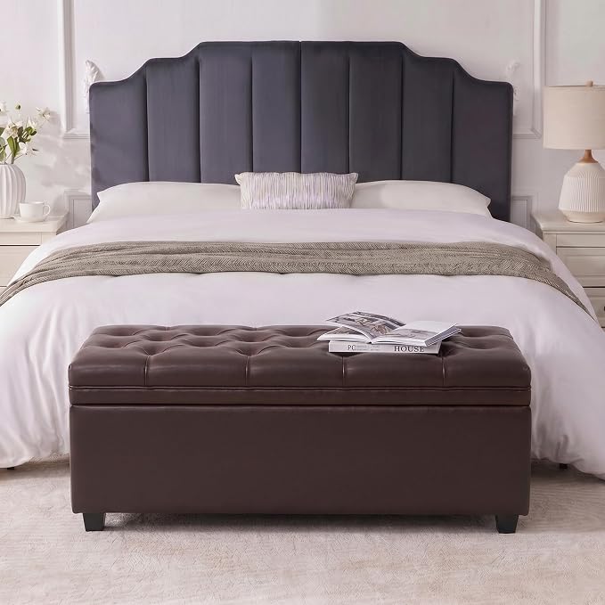 Mangodan 43" Storage Ottoman Bench, Tufted Ottoman with Storage for Living Room, Large End of Bed Ottomans, Modern Entryway Benchs, Window & Bedroom Benches for Foot of Bed (Faux Leather Dark Brown)
