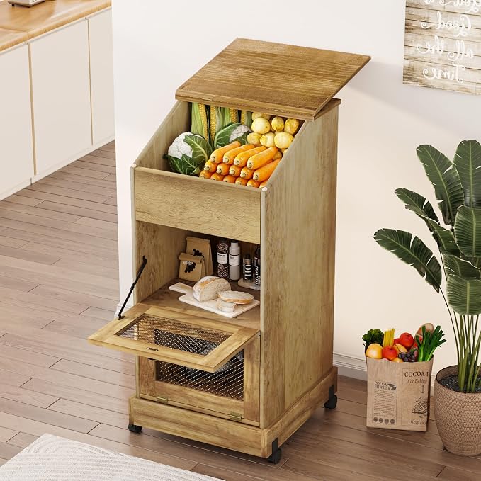 Potato Storage Bin, Wooden Bread Bins with Wheel, Movable Onion Storage Bin, Decorative Vegetable Storage Box for Kitchen Pantry, Brown