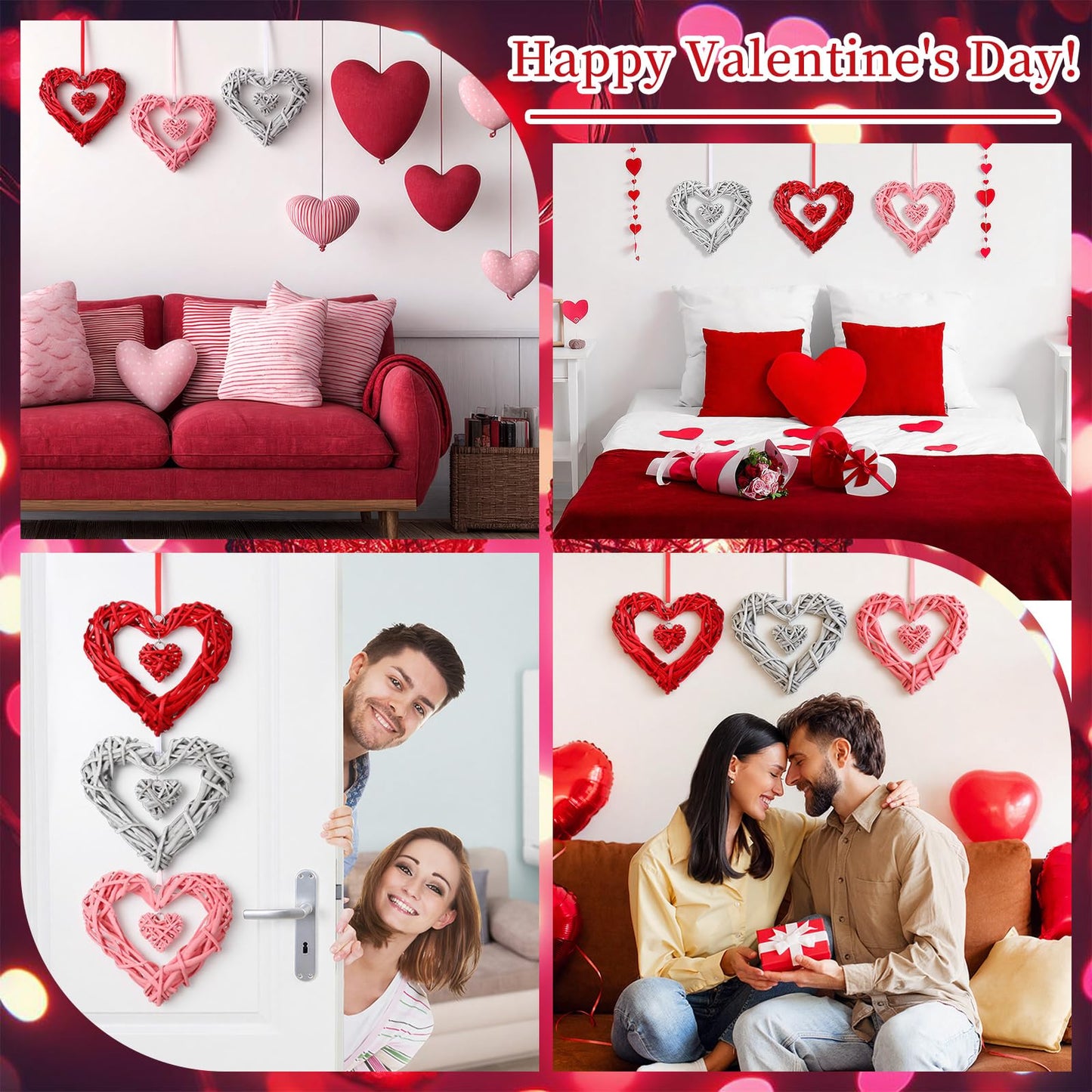 Amyhill 3 Pcs Large Valentine's Day Rattan Hearts Themed Hanging Decor Heart Shape Wicker Wreath Rustic White Pink Red Ornament for Weddings Holiday Party Home Decoration Wall Front Door Display