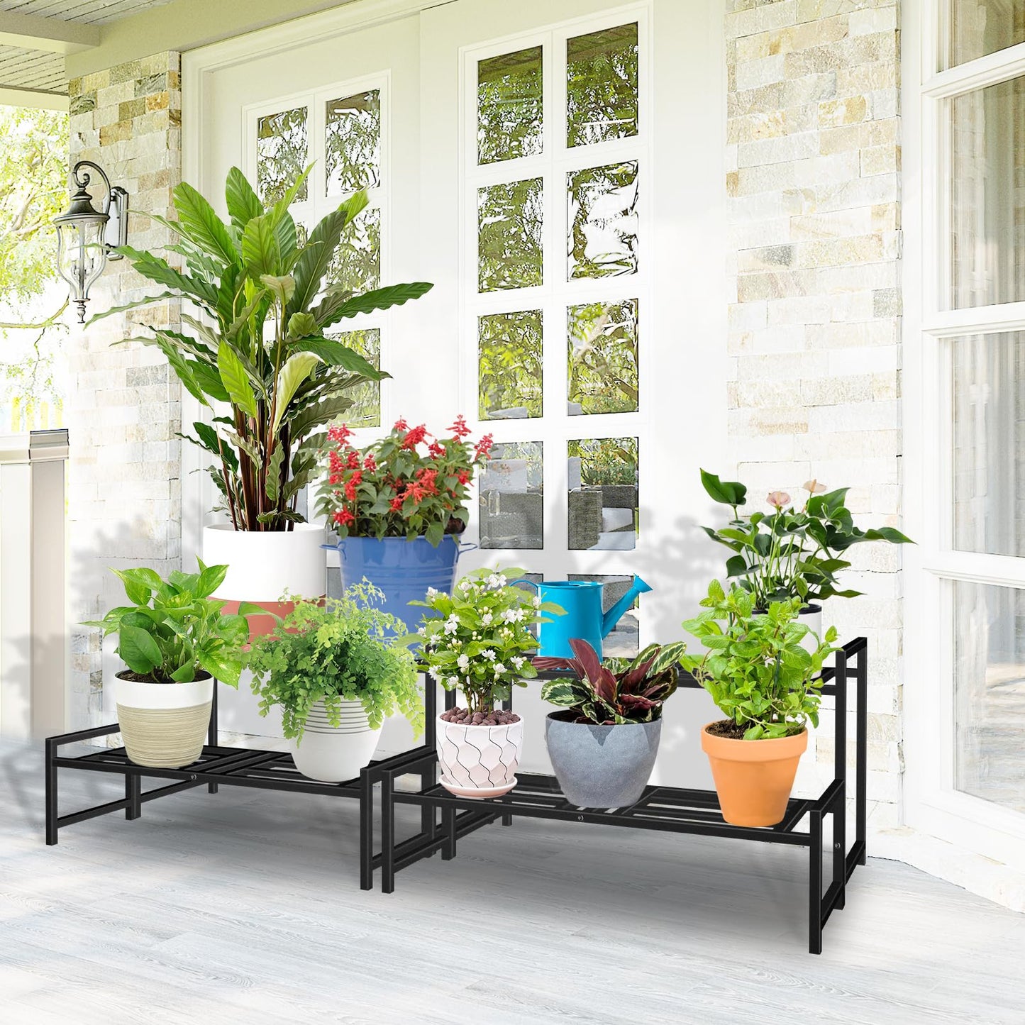 Lilybud--lily Plant Stand Indoor Outdoor, 2-Tier Wrought Iron Plant Stands, Stackable Metal Plant Shelf Decorative Outdoor Flower Stand Heavy Duty Pedestal Stands for Garden Deck Living Room, Black