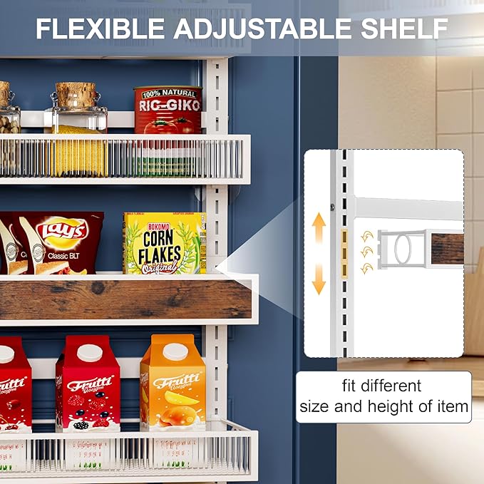 8 Tier Pantry Door Organizer Spice Rack, 2-IN-1 Wall Mount or Hanging Over Door Seasoning Organizer with Adjustable Baskets, Heavy Duty Behind Door Storage Shelves for Pantry, Cabinet and Kitchen