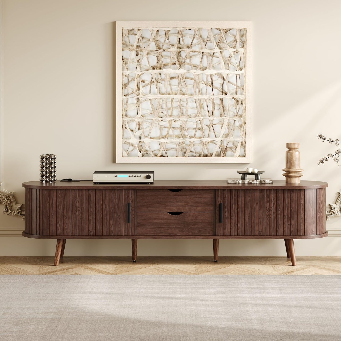 Merax 78'' Modern TV Stand for TVs up to 85 Inches, Entertainment Center with Fluted Glass Drawers & Cable Management, Solid Wood Legs, TV Console for Living Room, Walnut