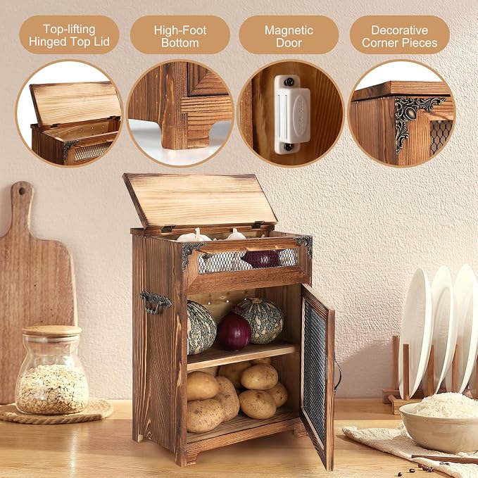 Mini Potato and Onion Storage Bin - Wooden Storage Box for Kitchen Countertops, Vegetable Storage Bins, 12.2" W x 6.5" D x 16" H (Black)