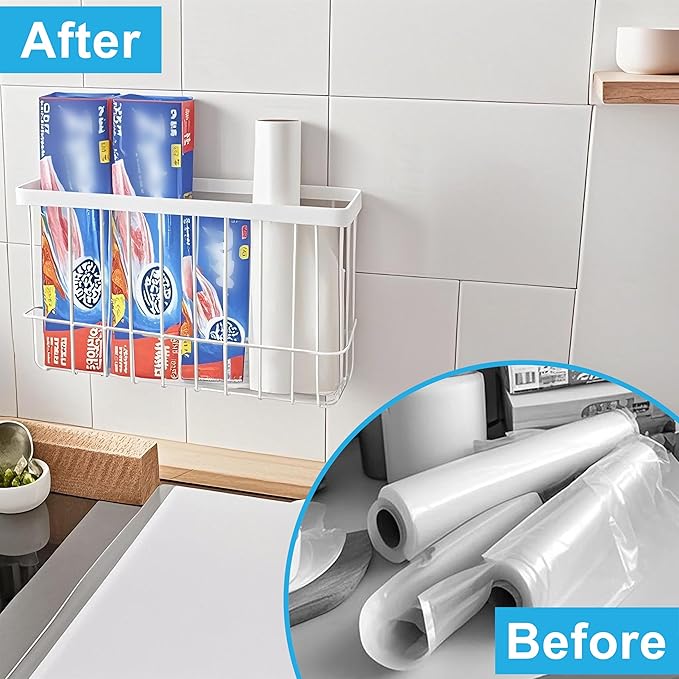 Cabinet Door Organizer 3Pcs, Foil and Plastic Wrap Organizer with 2 Sponges, Cabinet Door Storage with 3 Caddy Adhesive, for Aluminum Foil, Plastic Wrap, Wool Dryer Balls, White,(Small, Medium, Large)