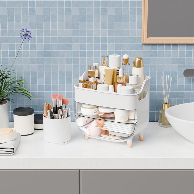 Yieach White Make up Organizers for Counter,Vanity and Dresser,Bathroom Makeup Organizer Countertop,Large Makeup Storage Organizer for Hair Tool,Beauty Products,Skin Care and Cosmetic Display Cases