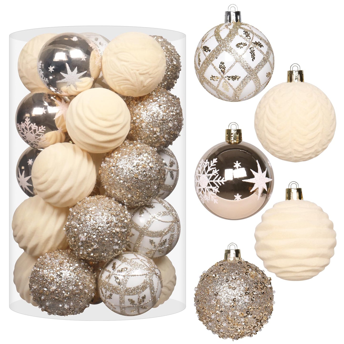 YINGQIWISH 2.36In Velvet Christmas Ball Ornaments, 25PCS Champagne Flocked Christmas Tree Hanging Decorations, for Home Holiday Wedding Indoor Xmas Party Decor.