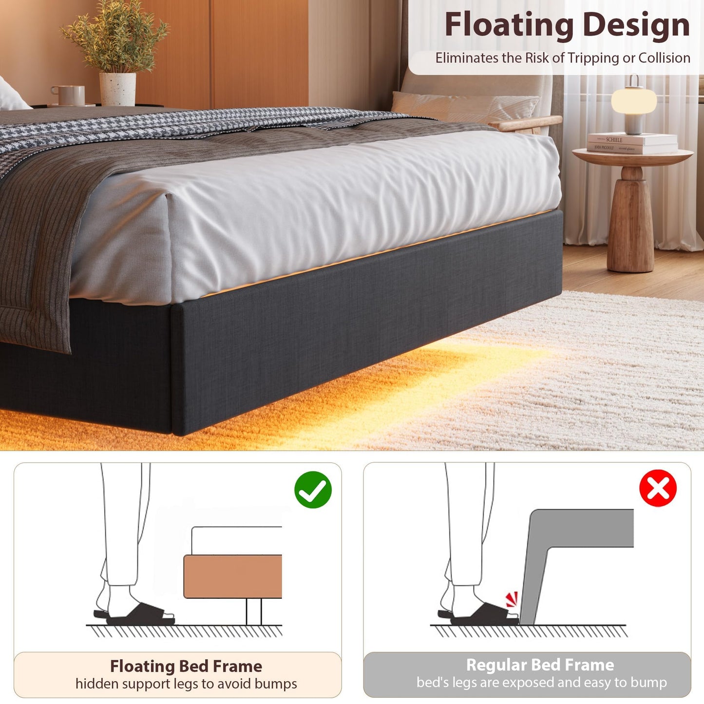 GarveeHome Floating Bed Frame King with LED Lights & USB Charging Station – Modern Upholstered Platform Bed with Headboard, Solid Wood Slats Support, No Box Spring, Easy Assembly, Noise-Free, Black
