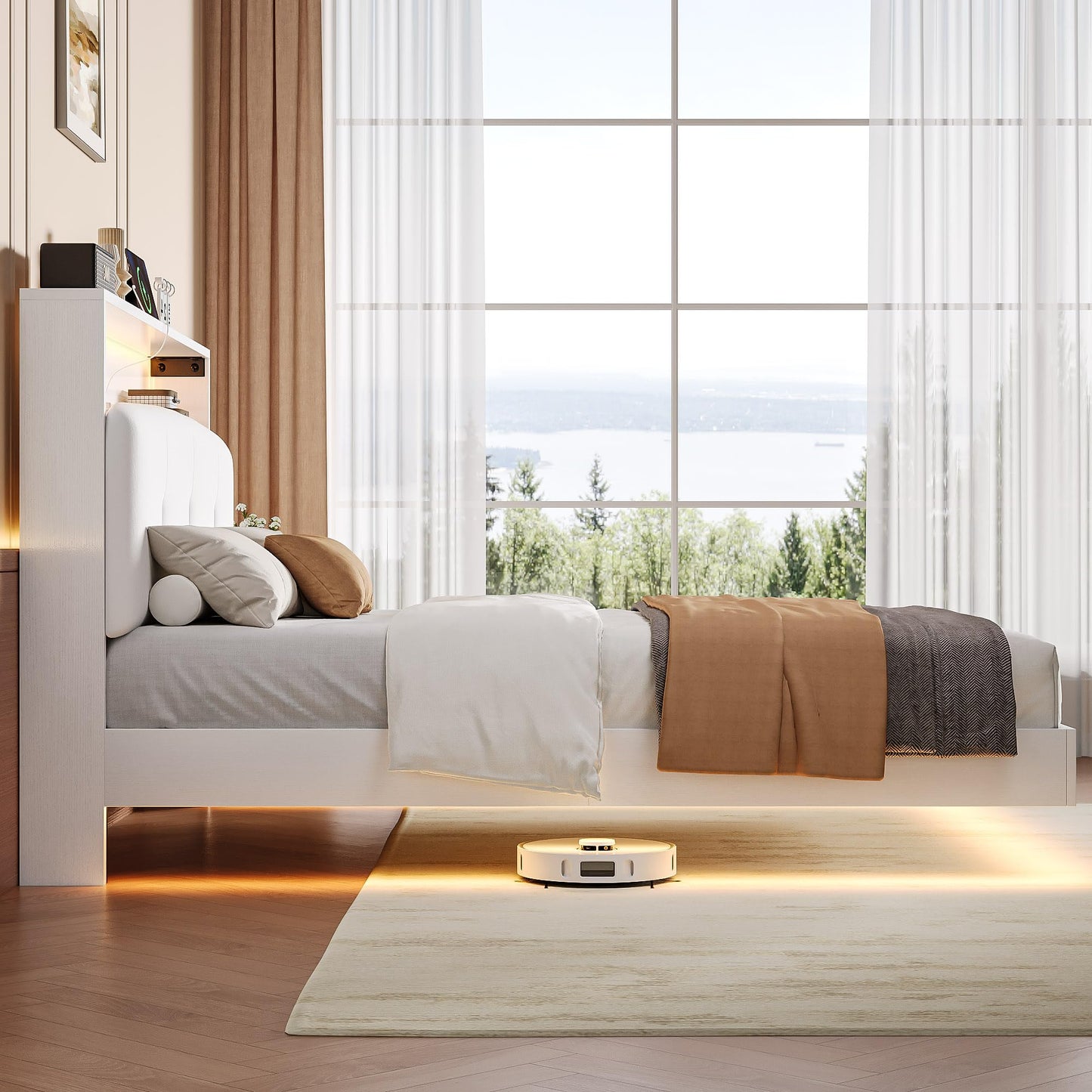 Einhomn Floating Bed Frame Full with 2-Tier Storage Velvet Fabric Upholstered Headboard, Wooden Platform Bed Frame w/Charging Station & LED Lights, Metal Slats Support, No Box Spring Needed, White