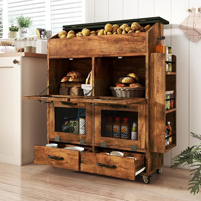 Verano Garden Large Potato and Onion Storage Bin on Wheels, Wood Bread Box w/Lid & Mesh Doors, 4-Tier Rolling Fruit and Vegetable Storage Organizer w/Grocery Section & Side Rack