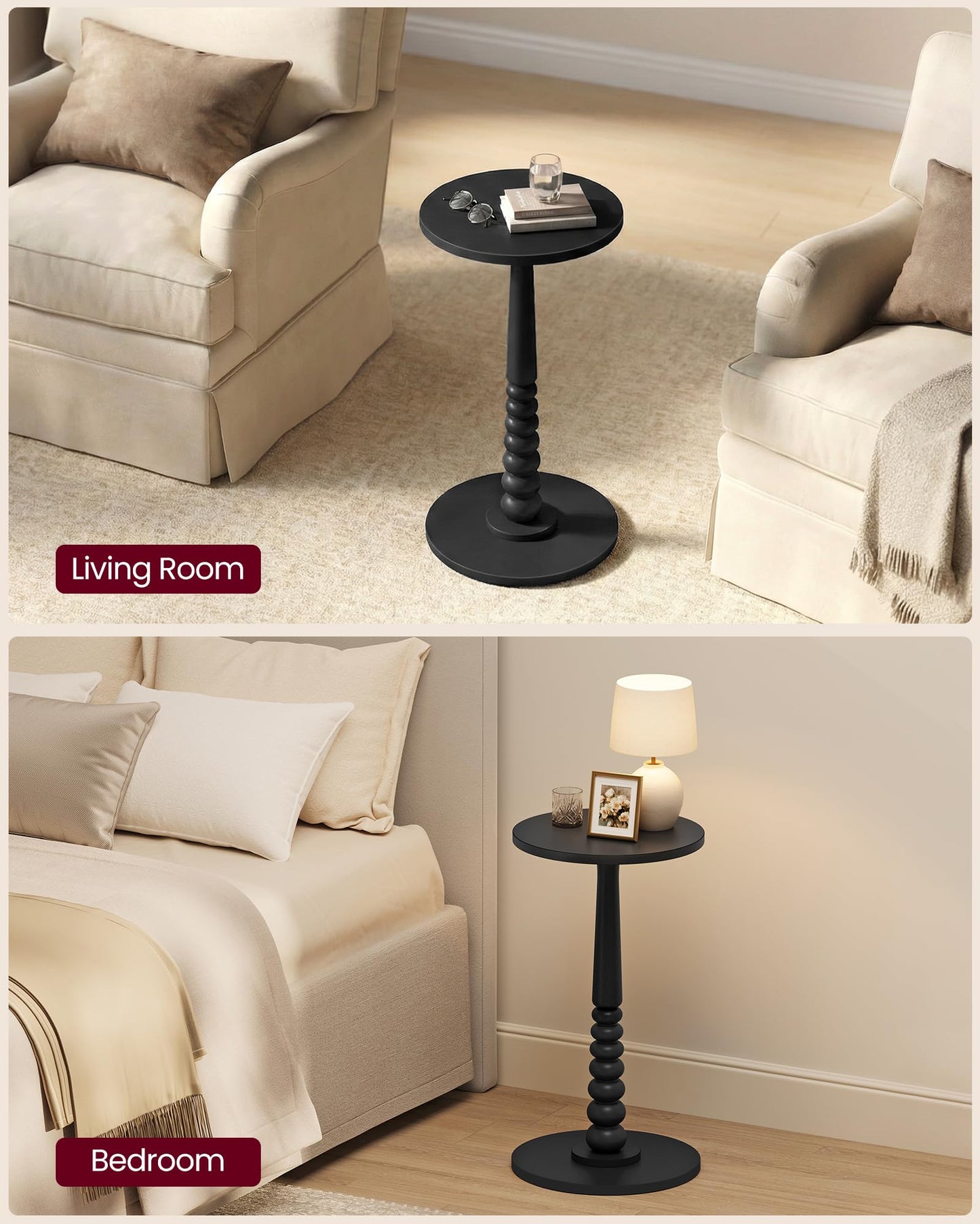 VASAGLE MARIEL Collection - Round Side Table, Small Drink End Table for Small Spaces, Accent Nightstand, Solid Wood Leg, Mid-Century Modern, for Living Room Bedroom, Ink Black ULET293BC01S