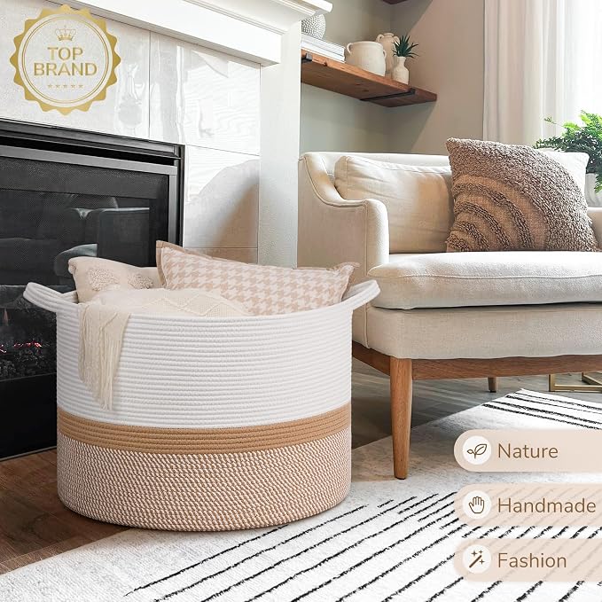 INDRESSME 115L Extra Large Cotton Rope Basket, Woven Baby laundry Blanket Basket for Home Decor Living Room Nursery, Toy Storage Baskets for Kids Boys Girls, White & Camel Mix