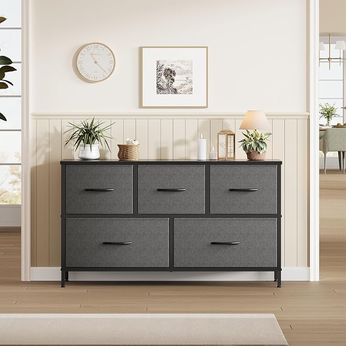 OLIXIS Dresser for Bedroom with 5 Drawers, Wide Chest of Drawers, Fabric Bedroom Dresser with Drawer Organizers, Storage Organizer Unit with Fabric Bins for Closet, Living Room, Hallway,Grey