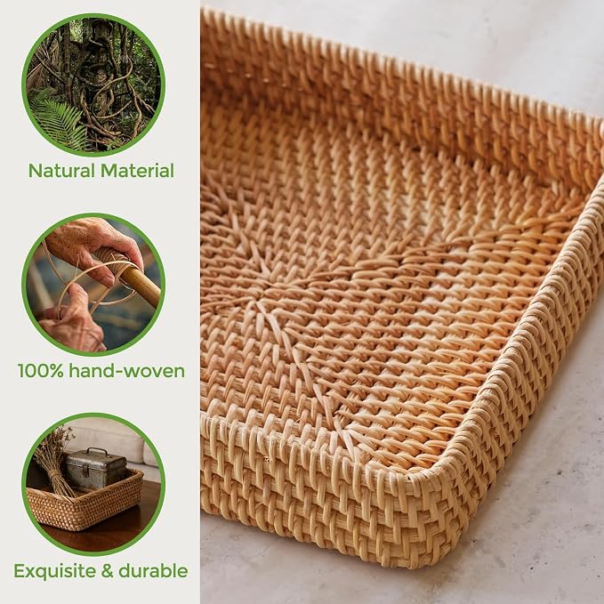 Wicker Storage Tray, Rattan Basket Rectangular for Bathroom Living Room, Decorative Serving Woven Trays Wicker Baskets for Organizing Home Decor XL(17.7" × 13.4")
