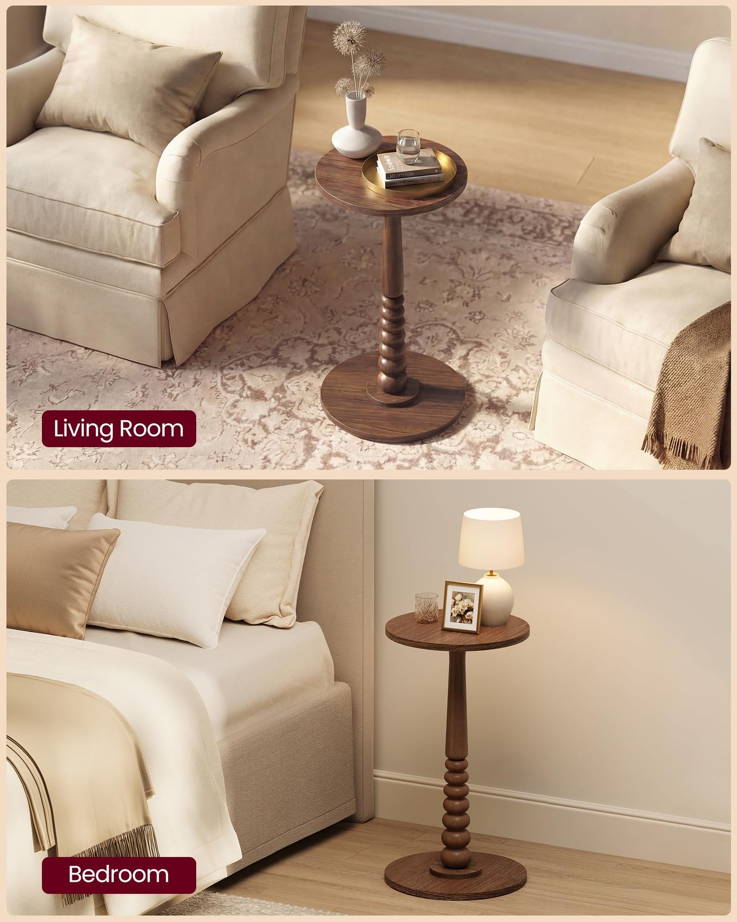 VASAGLE MARIEL Collection - Round Side Table, Small Drink End Table for Small Spaces, Accent Nightstand, Solid Wood Leg, Mid-Century Modern, for Living Room Bedroom, Chestnut Walnut ULET293KX01S