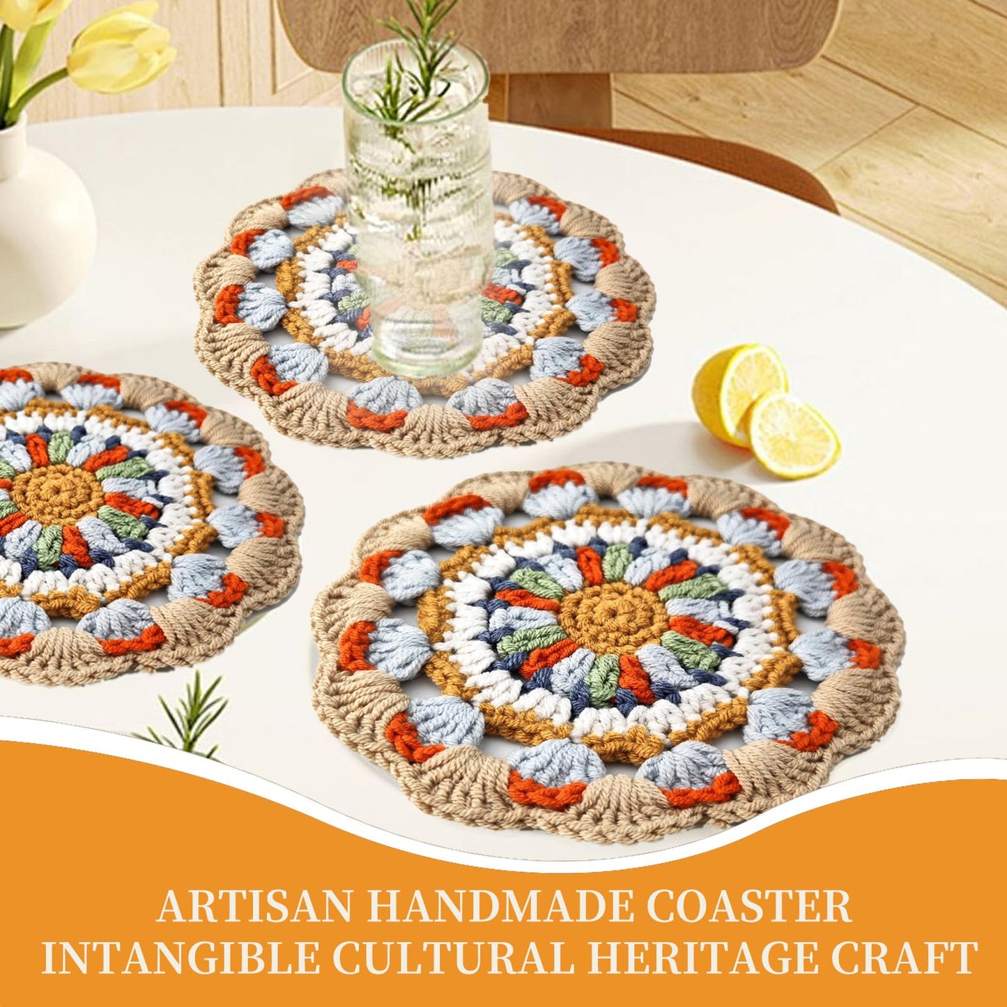 5.9 Inch Handmade Crochet Coaster, Non-Slip Cotton Drink Coaster with Oriental Traditional Nine-Color Deer Mural Motif, for Home Office Use, for Art Lovers & Housewarming