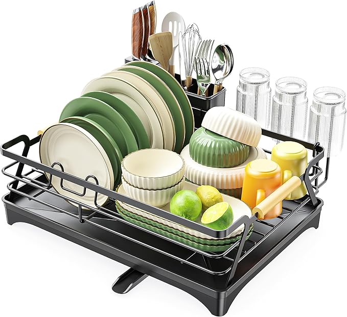 Epicano Dish Drying Rack for Kitchen Counter,Black,Large Capacity | Raised Feet,Rustproof,Wooden Handle,Auto-Drainage System,Cup Holder & Knife Slots, Sink Storage Organizer