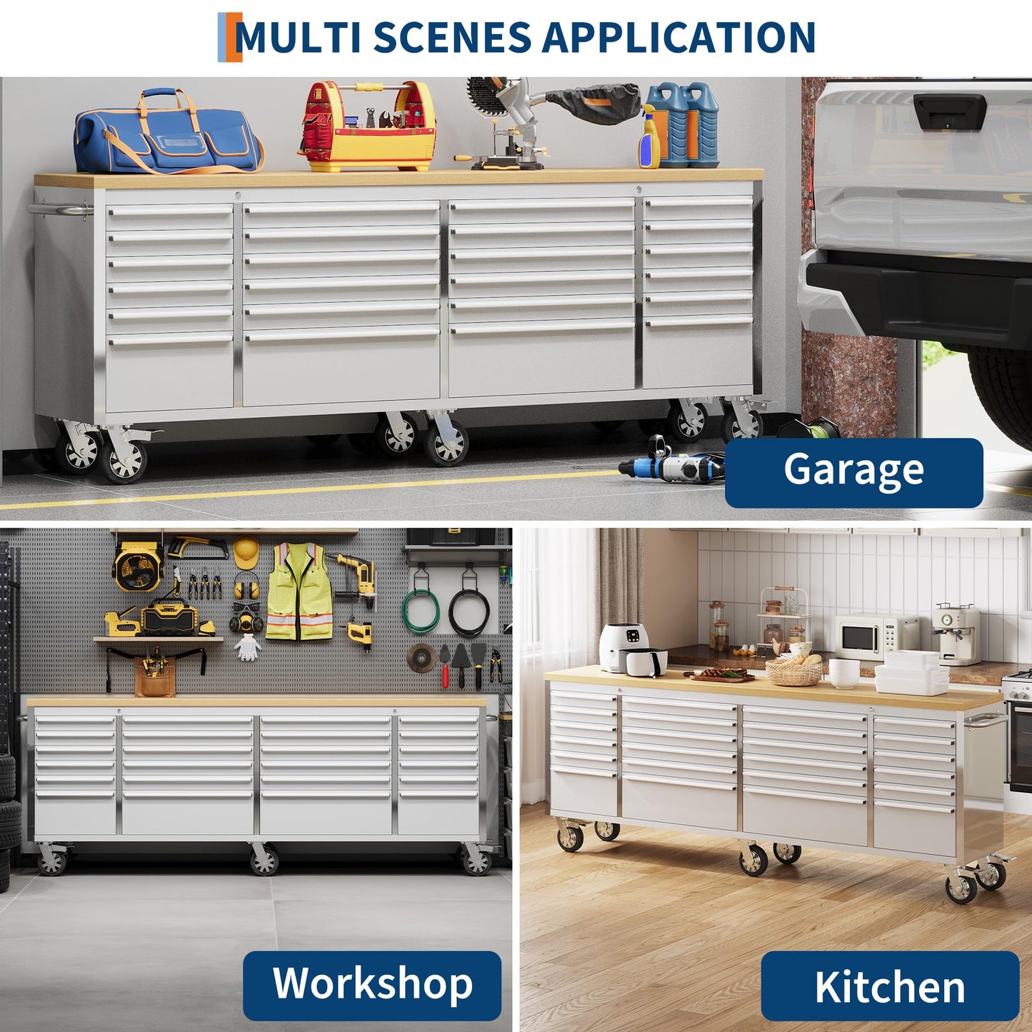 GarveeLife 96-Inch Rolling Tool Chest with 24 Drawers Garage Workbench, Solid Rubberwood Top, Storage Cabinet with Wheel Lock and Key Lock for Workshop, Garage, Kitchen and Home