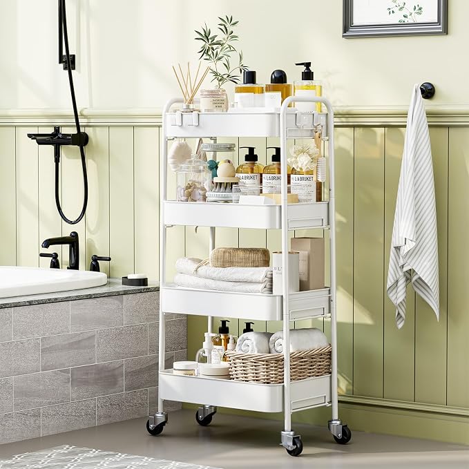 TOOLF 4-Tier Rolling Cart - Metal Storage Organizer with Lockable Wheels, 44 lbs Per Shelf Capacity, Tool-Free Assembly, for Kitchen Bathroom Office Laundry Room Nursery, White