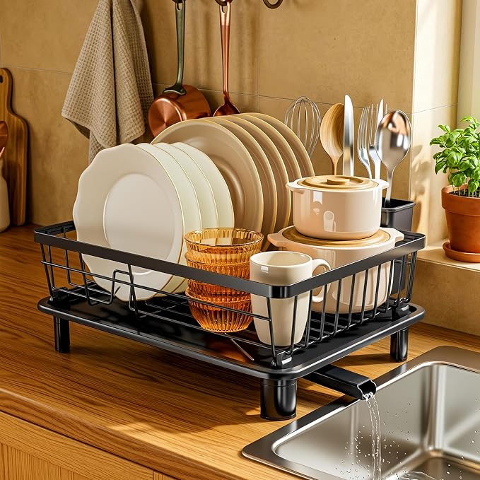 MOUKABAL Dish Drying Rack, Dish Rack, Stainless Steel Dish Racks for Kitchen Counter, Dish Drainer with Removable Utensil Holder, Drainboard (Black,11''W x 15''L)